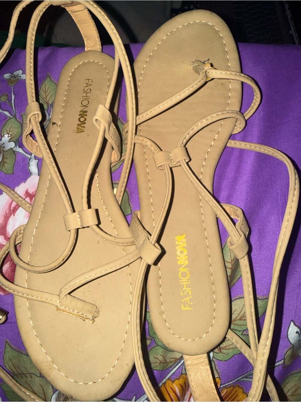 Fashion Nova Beige Lace-Up Strappy Flat Sandals